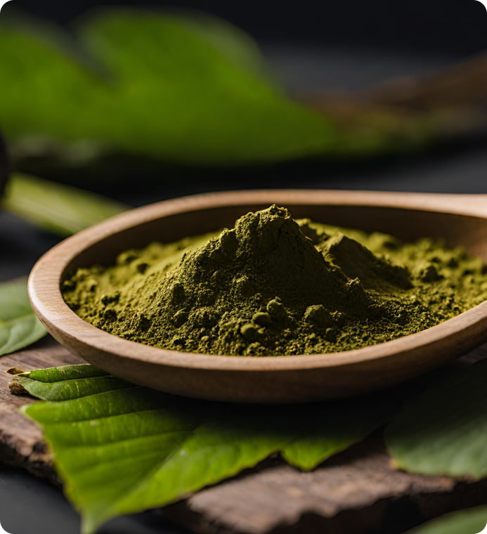 Kratom powder and leaves View 1