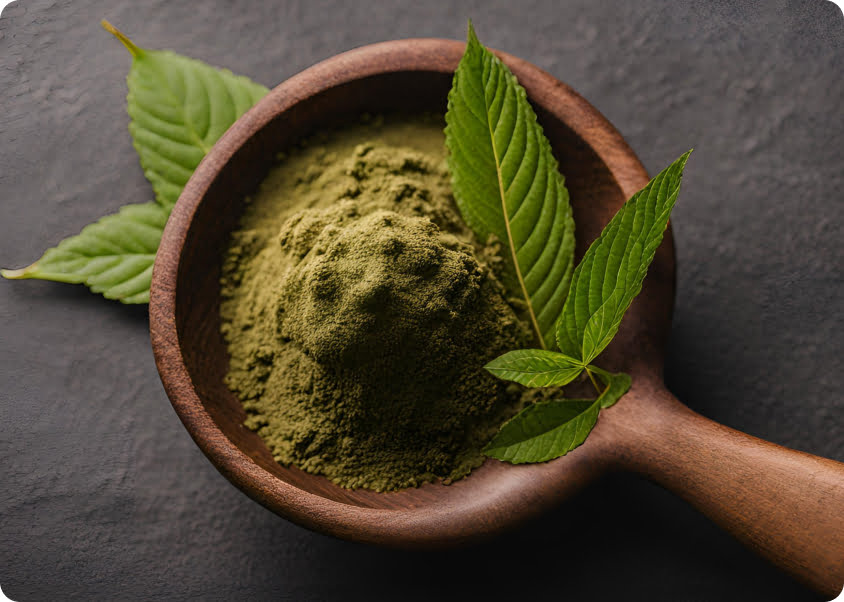 Kratom powder and leaves